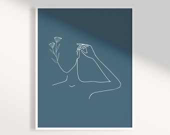 Indigo Blue Woman Line Art Print: Minimalist Abstract Decor (Digital Download)