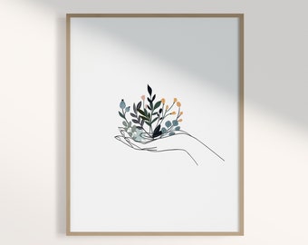 Botanical Line Art Print: Hand Holding Plants (Digital Download)