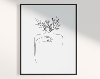 植物の頭のプリント：ミニマリスト女性の線画（デジタルダウンロード）