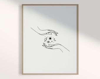 Celestial Hands Line Art Print: Sun, Moon, Stars (Digital Download)