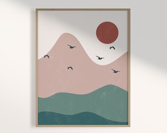 Boho Mountain Sunset Print: Abstract Landscape Wall Art (Digital Download)