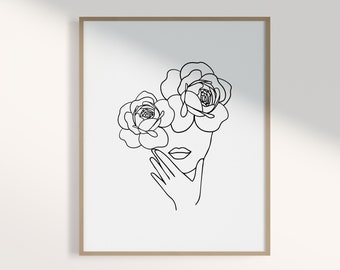 Flower Head Line Art Print: Minimalist Woman Portrait (Digital Download)