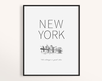New York City Skyline Print: Minimalistische schwarz weisse Wandkunst (Digitaler Download)