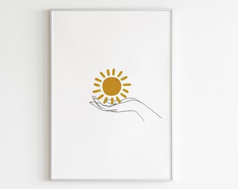 Hand and Sun Line Art Print: Celestial Wall Decor (Digital Download)