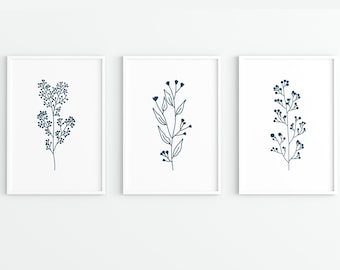 Indigo Blue Botanical Prints: Set of 3 Minimalist Posters (Digital Download)