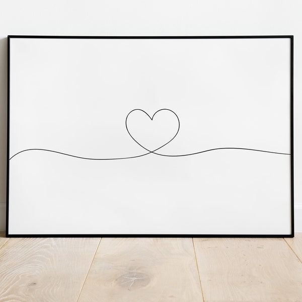 Black and White Heart Line Art Prints, Printable Love Poster, Horizontal Above Bed Prints, Minimalist Bedroom Wall Art