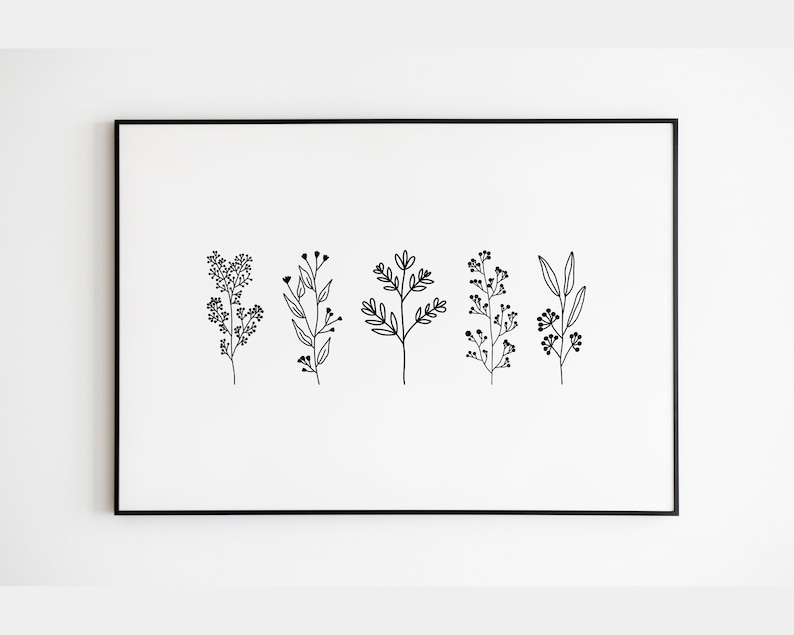 May include: A black and white line drawing of five different floral sprigs. The sprigs are arranged in a row and are all facing the same direction. The drawing is on a white background and is framed in a black frame.