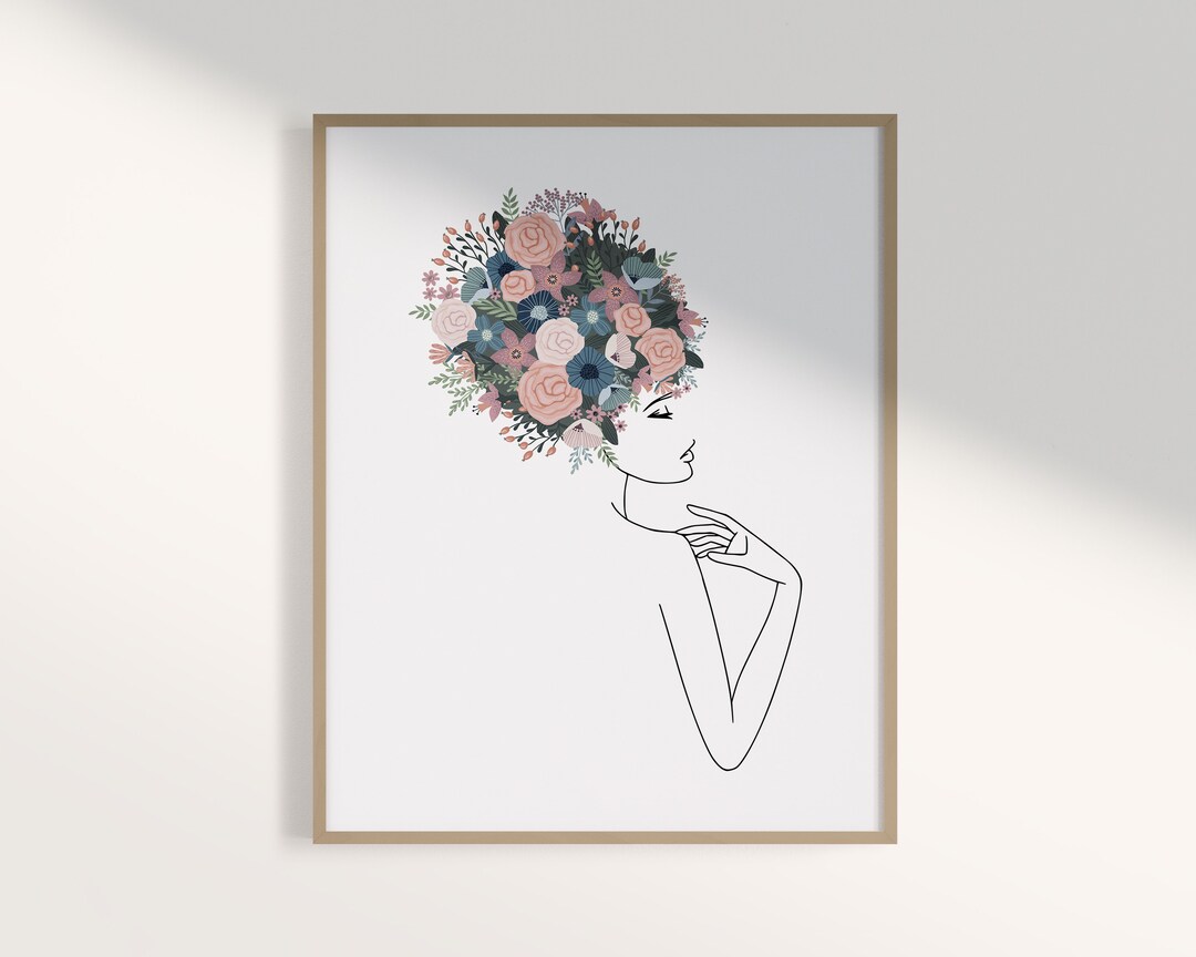 Floral Woman Line Art Print: Minimalist Living Room Decor (digital ...