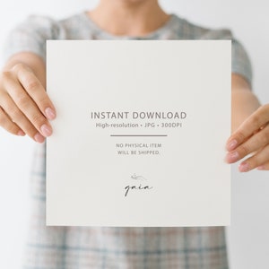 May include: A white card with the text "INSTANT DOWNLOAD" in black, followed by "High-resolution. JPG. 300DPI" in gray. Below that, the text "NO PHYSICAL ITEM WILL BE SHIPPED." in black. The card has a small, hand-drawn logo of a hand with a leaf in it, and the word "gain" in cursive below the logo.