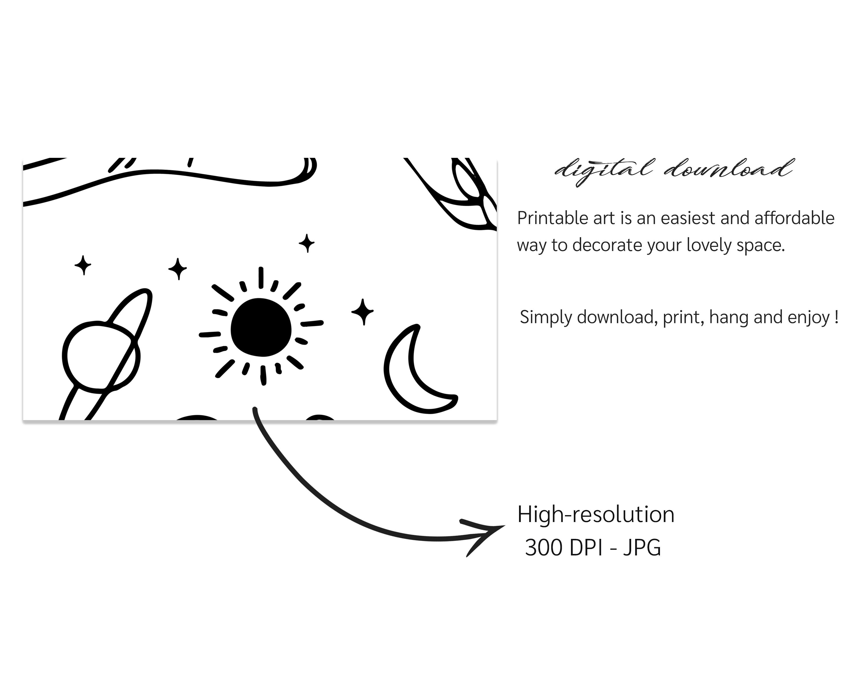 Black White Line Wall Art Sun Moon Stars Art Print Celestial Etsy