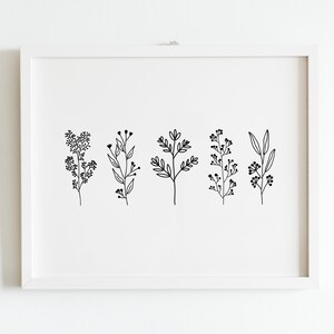 May include: A white framed print with five black line drawings of different types of plants. The plants are stylized and simple.