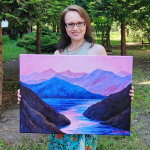 Birthday gift wall art decor. Pink mountains original acrylic landscape painting. Wedding gift for couple.  Living room home decor.