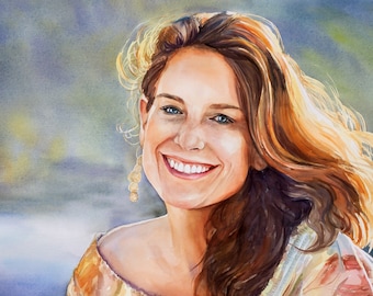Woman custom portrait. Original watercolor painting from photo. Commission painting for her. Unique gift husband to wife