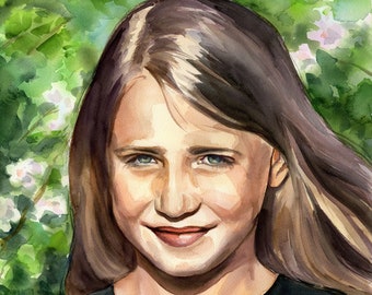 Painting from photo. Custom girl portrait. Original watercolor painting as a birthday gift idea. Gift for mom.