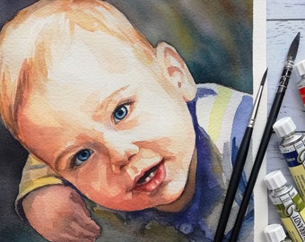 Custom portrait original watercolor painting from photo. 1st birthday family gift idea for parents.