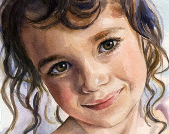 Painting from photo. Girl custom portrait. Original watercolor painting birthday gift for mom.