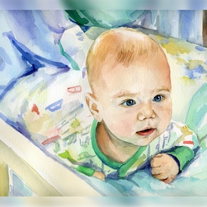 Watercolor portrait. Custom baby portrait. Original watercolor painting from photo 1st birthday gift. Gift idea for Mom.