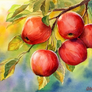 Decorazione murale originale, dipinto ad acquerello. Dipinto autunnale con mele rosse. Decorazione autunnale dipinta a mano. Decorazione murale per cucina e sala da pranzo.