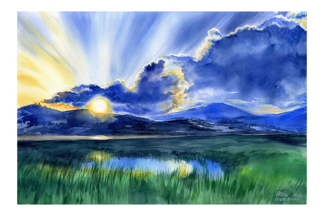 Birthday Gift Watercolor Painting. Original Nature Landscape. Hand