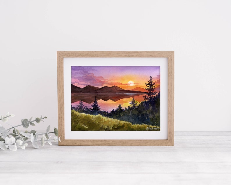 Wall art decor mountain landscape painting. Original watercolor nature painting. Birthday gift idea for mom. Anniversary gift for couple. image 1