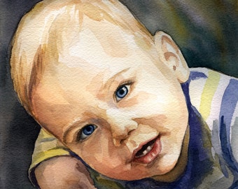 Watercolor painting from photo. Unique mother gift custom baby portrait. Original watercolor commission. Gift idea for grandparents