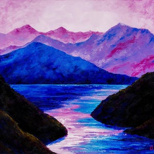 Wall art decor pink mountains. Original acrylic landscape painting. Wedding gift for couple. Anniversary gift idea. Living room home decor.