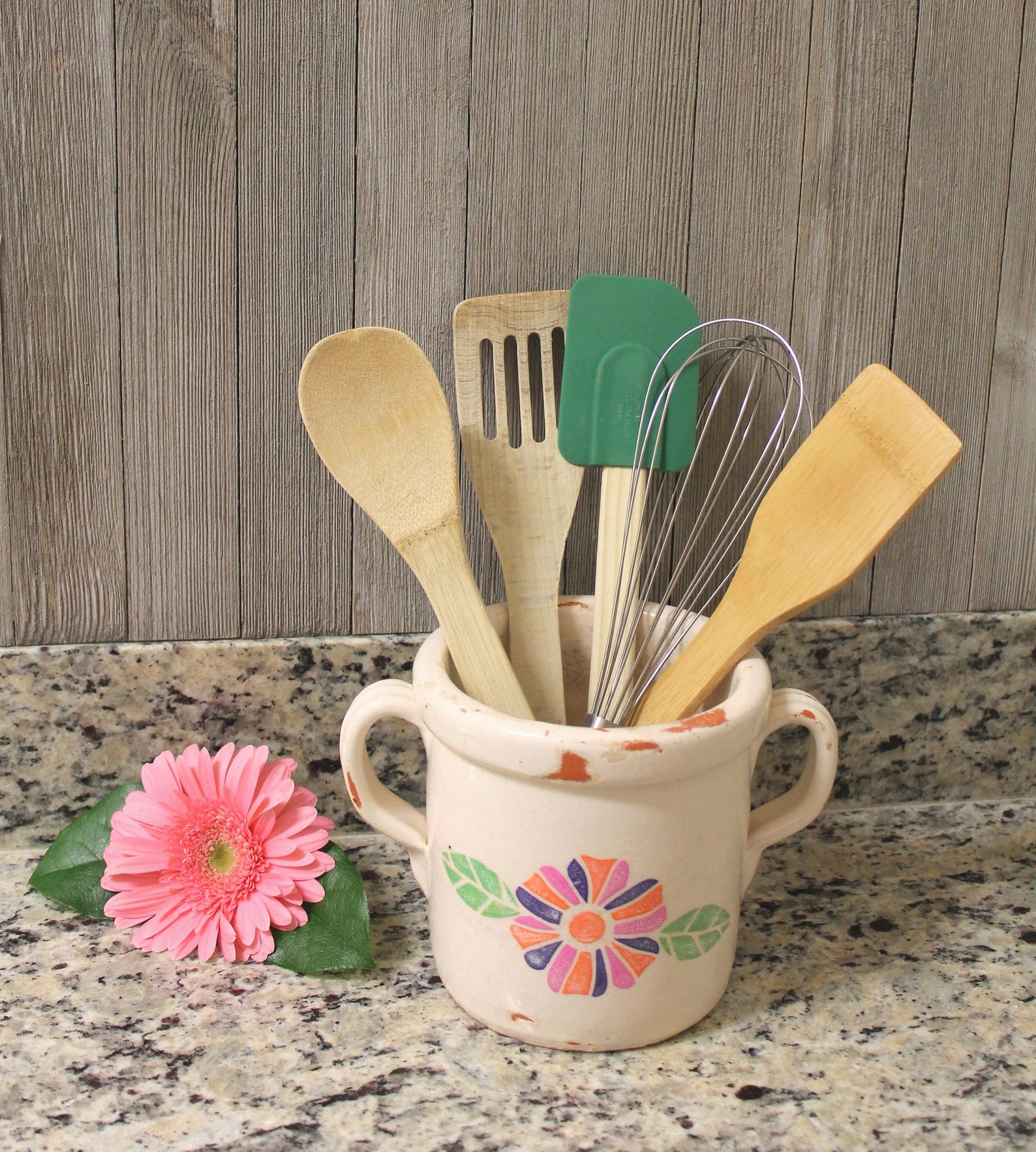 Ceramic Twohandled Ivory and Floral Utensil Holder, Free Shipping