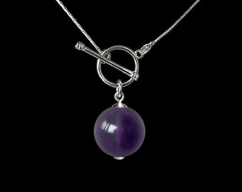 Amethyst Sphere Pendant - 925 Sterling Silver Dainty Necklace with Toggle Clasp