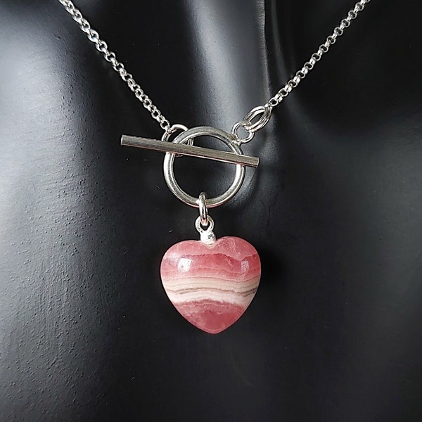 Rhodochrosite Heart Pendant - 925 Sterling Silver Rolo Necklace, Choker with Toggle Clasp