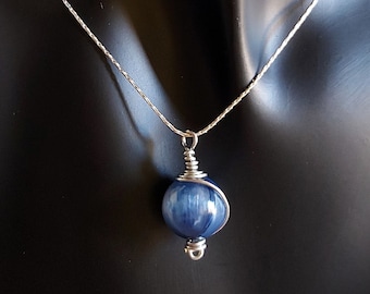 Handwired Blue Kyanite Sphere Pendant - 925 Sterling Silver Dainty Necklace