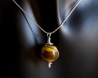 Handwired Yellow Tiger Eye Sphere Pendant - 925 Sterling Silver Dainty Necklace