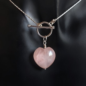 Rose Quartz Heart Pendant - 925 Sterling Silver Dainty Necklace with Toggle Clasp