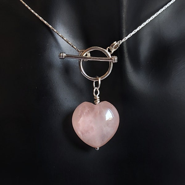 Rose Quartz Heart Pendant - 925 Sterling Silver Dainty Necklace with Toggle Clasp