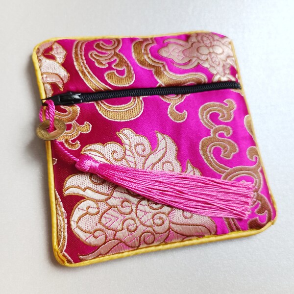 Bolsas de regalo de joyería - Bolsa con cremallera bordada de seda - Diseño de patrón floral de estilo chino magenta y dorado, forrado - Almacenamiento de bolsa de joyería