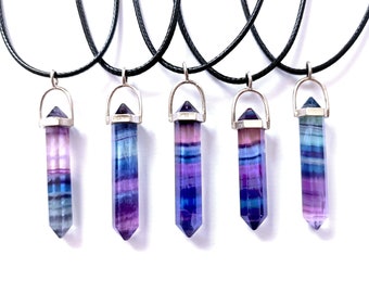 Rainbow Fluorite Point Pendant - Silver-plated cap - Wax Cord Necklace