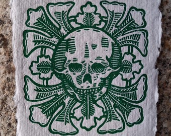 Foliate skull lino print