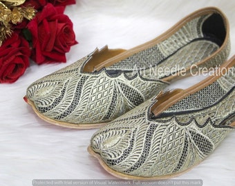 Women's Wedding Punjabi Juti Black Handmade Ethnic Mojaris Shoes Ethnic Flat Indian Jutti