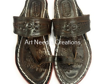 KOLHAPURI CHAPPAL Original Charming Designer’s Black and Natural Mat Style Kolhapuri Half Shoe for Women Slipper Sandal