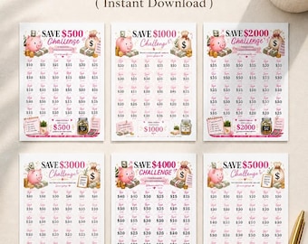 May include: Six printable money savings challenge pages with pink piggy bank graphics and dollar amounts ranging from $500 to $5,000. Each sheet features rows of circles for tracking progress, along with illustrations of cash, coins, and jars.