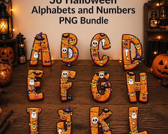 May include: A digital graphic set titled 36 Halloween Alphabets and Numbers PNG Bundle featuring orange letters A through L decorated with spiderwebs, skulls, ghosts, pumpkins, candy corn, and colorful string lights on a dark wooden surface.