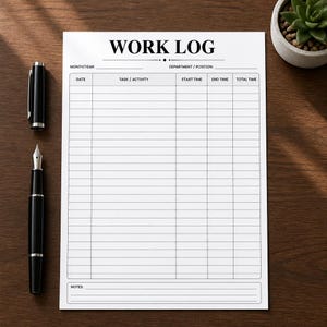 May include: A white paper work log sheet with black text and grid lines. The header reads WORK LOG, followed by fields for month, year, department, and position. Columns include date, task, activity, start time, end time, and total time, with a notes section.