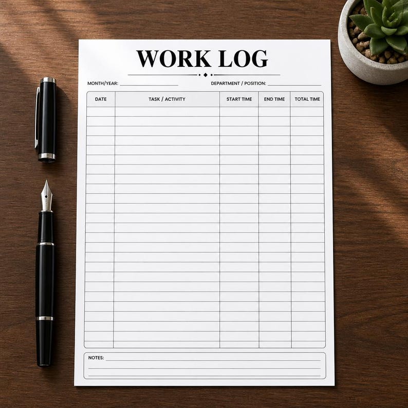 May include: A white paper work log sheet with black text and grid lines. The header reads WORK LOG, followed by fields for month, year, department, and position. Columns include date, task, activity, start time, end time, and total time, with a notes section.