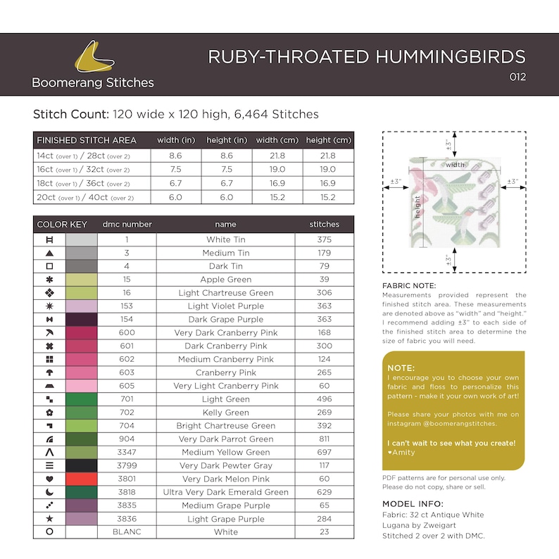 Pu&ograve; includere: Schema a punto croce intitolato "Ruby-Throated Hummingbirds" di Boomerang Stitches. Il design include una tabella colori con numeri e nomi DMC e misure dell'area di cucitura finita in pollici e centimetri. Lo schema &egrave; largo 120 punti e alto 120.