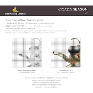Może przedstawiać: Cyfrowy wz&oacute;r do haftu krzyżykowego do pobrania zatytułowany "Cicada Season 017" autorstwa Boomerang Stitches. Obraz zawiera czarno-białe i kolorowe wykresy symboli oraz pełnostronicowy plik PDF z symbolami czarno-białymi. Zaprojektowany przez Amity Phillips.