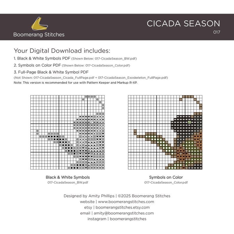 Może przedstawiać: Cyfrowy wz&oacute;r do haftu krzyżykowego do pobrania zatytułowany "Cicada Season 017" autorstwa Boomerang Stitches. Obraz zawiera czarno-białe i kolorowe wykresy symboli oraz pełnostronicowy plik PDF z symbolami czarno-białymi. Zaprojektowany przez Amity Phillips.