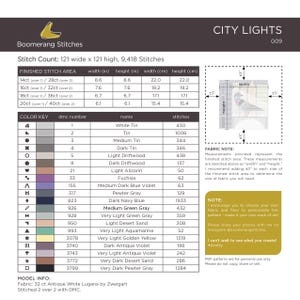 Puede incluir: Un patr&oacute;n de punto de cruz para una escena de luces de la ciudad con una paloma en el centro. El patr&oacute;n tiene 121 puntos de ancho por 121 puntos de alto y utiliza 18 colores diferentes de hilo DMC. El patr&oacute;n se titula "City Lights" y tiene el n&uacute;mero 009. El patr&oacute;n incluye una clave de color con los n&uacute;meros y nombres de DMC, y una nota sobre la tela con instrucciones para determinar el tama&ntilde;o de la tela que se necesita.