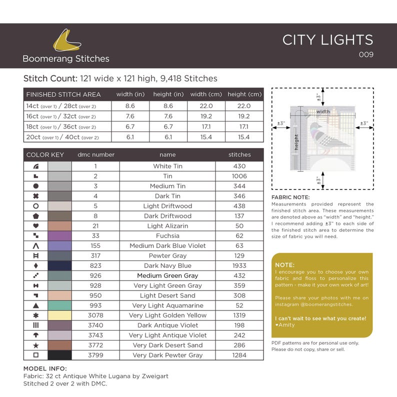 Puede incluir: Un patr&oacute;n de punto de cruz para una escena de luces de la ciudad con una paloma en el centro. El patr&oacute;n tiene 121 puntos de ancho por 121 puntos de alto y utiliza 18 colores diferentes de hilo DMC. El patr&oacute;n se titula "City Lights" y tiene el n&uacute;mero 009. El patr&oacute;n incluye una clave de color con los n&uacute;meros y nombres de DMC, y una nota sobre la tela con instrucciones para determinar el tama&ntilde;o de la tela que se necesita.