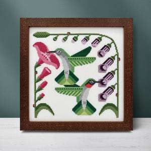 Op de afbeelding: Een ingelijst kruissteekkunstwerk met twee kolibries met groene en grijze lichamen, rode snavels en uitgespreide vleugels. De vogels bevinden zich in de buurt van roze en paarse bloemen, met groen gebladerte. De lijst is donkerbruin.