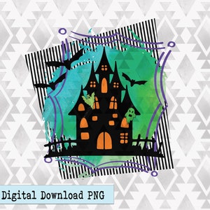 Haunted house with bats and ghosts stripe background digital design PNG download for sublimation or DTG printing