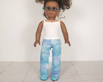 18 inch doll clothes tie dye pants, or lounge pants with tanktop in blues and purple. 2 piece outfit for doll